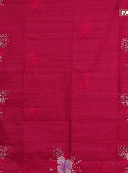 Semi raw silk saree dark pink with embroidery work buttas and floral design embroidery work butta border