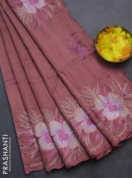 Semi raw silk saree pastel brown with embroidery work buttas and floral design embroidery work butta border