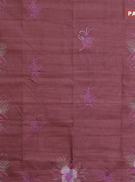 Semi raw silk saree pastel brown with embroidery work buttas and floral design embroidery work butta border