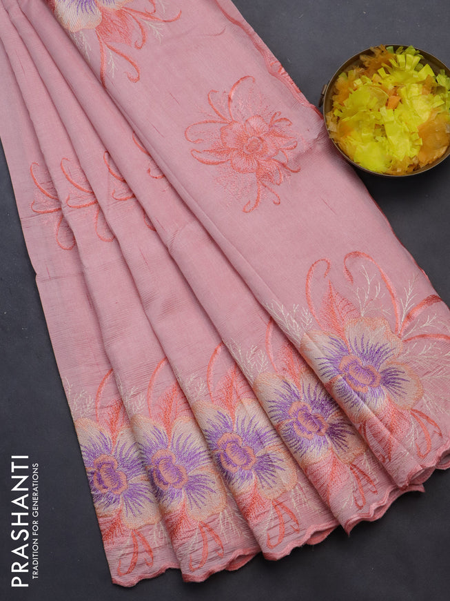 Semi raw silk saree peach shade with embroidery work buttas and floral design embroidery work butta border