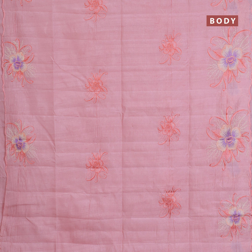 Semi raw silk saree peach shade with embroidery work buttas and floral design embroidery work butta border