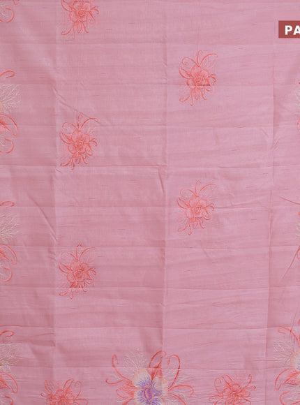 Semi raw silk saree peach shade with embroidery work buttas and floral design embroidery work butta border