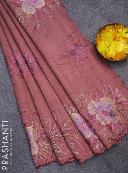 Semi raw silk saree pastel brown with embroidery work buttas and floral design embroidery work butta border