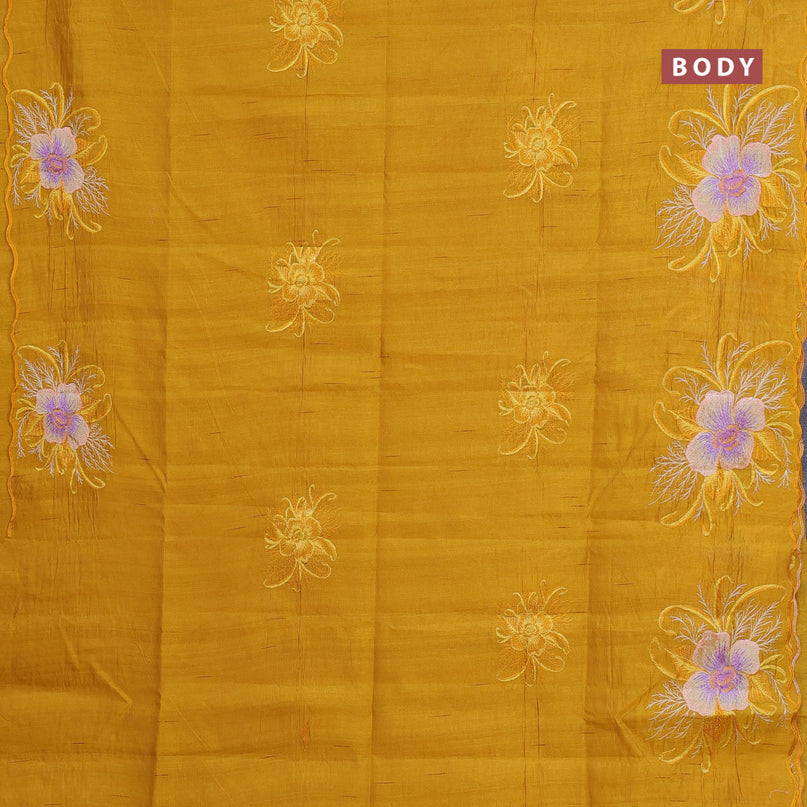 Semi raw silk saree mustard yellow with embroidery work buttas and floral design embroidery work butta border