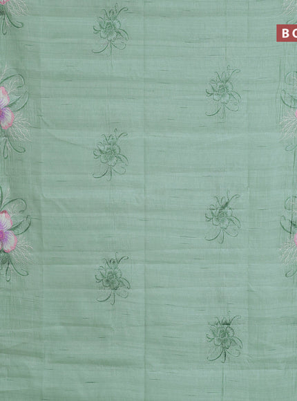 Semi raw silk saree teal green shade with embroidery work buttas and floral design embroidery work butta border