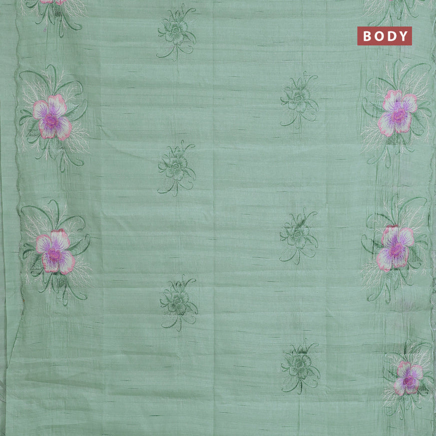 Semi raw silk saree teal green shade with embroidery work buttas and floral design embroidery work butta border