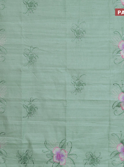 Semi raw silk saree teal green shade with embroidery work buttas and floral design embroidery work butta border