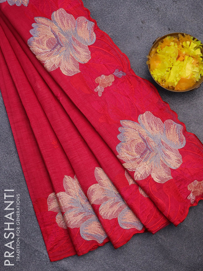 Semi raw silk saree dark pink with embroidery work buttas and floral design embroidery work butta border