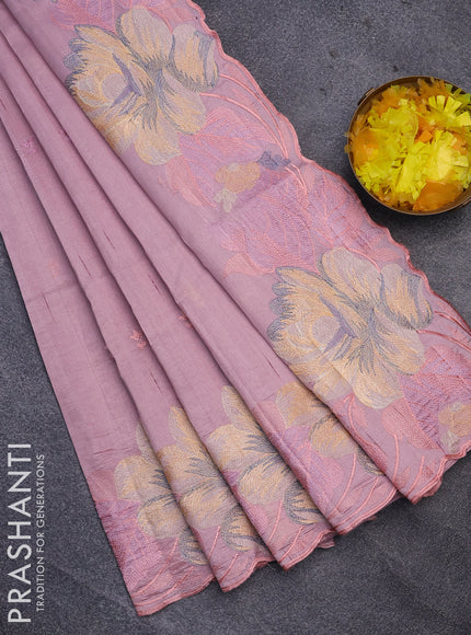 Semi raw silk saree pastel pink with embroidery work buttas and floral design embroidery work butta border