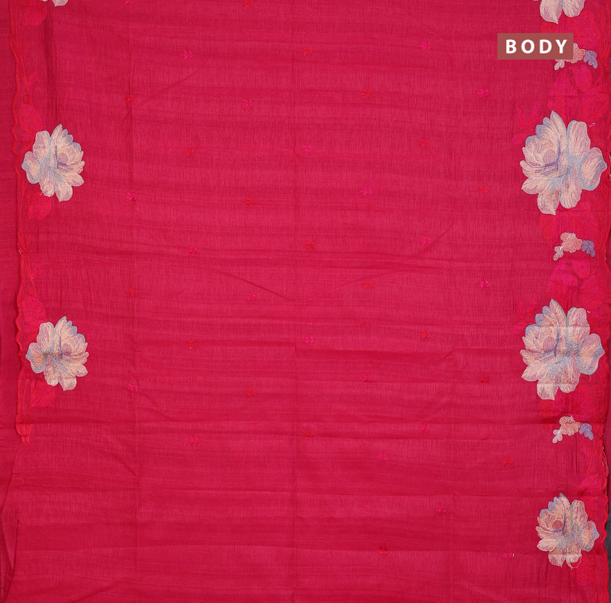 Semi raw silk saree dark pink with embroidery work buttas and floral design embroidery work butta border