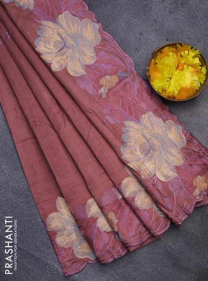 Semi raw silk saree pastel brown with embroidery work buttas and floral design embroidery work butta border