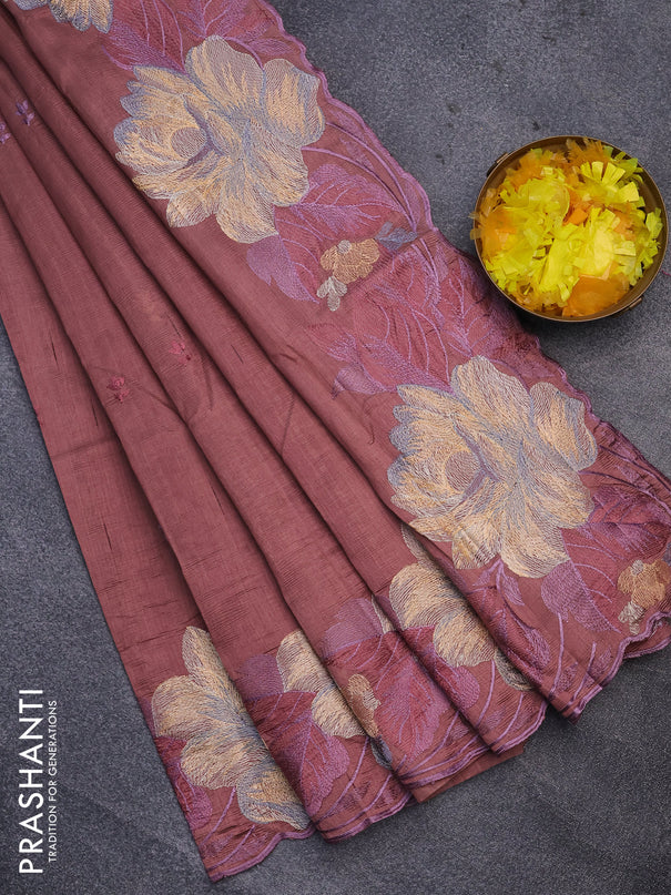 Semi raw silk saree pastel brown with embroidery work buttas and floral design embroidery work butta border