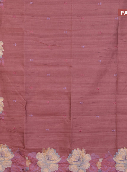 Semi raw silk saree pastel brown with embroidery work buttas and floral design embroidery work butta border