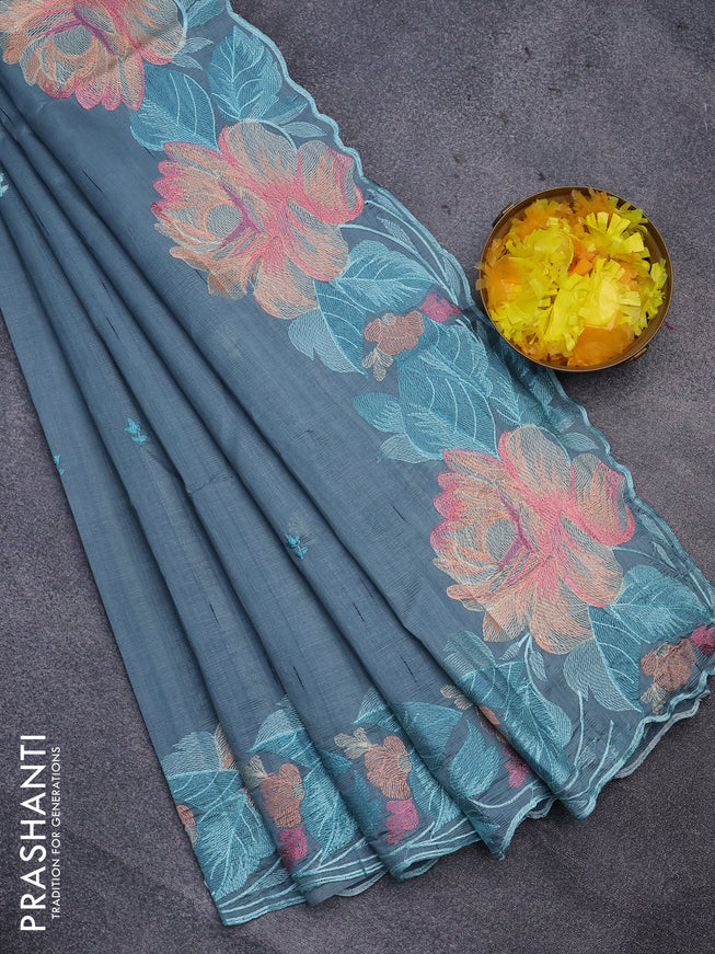 Semi raw silk saree pastel blue with embroidery work buttas and floral design embroidery work butta border