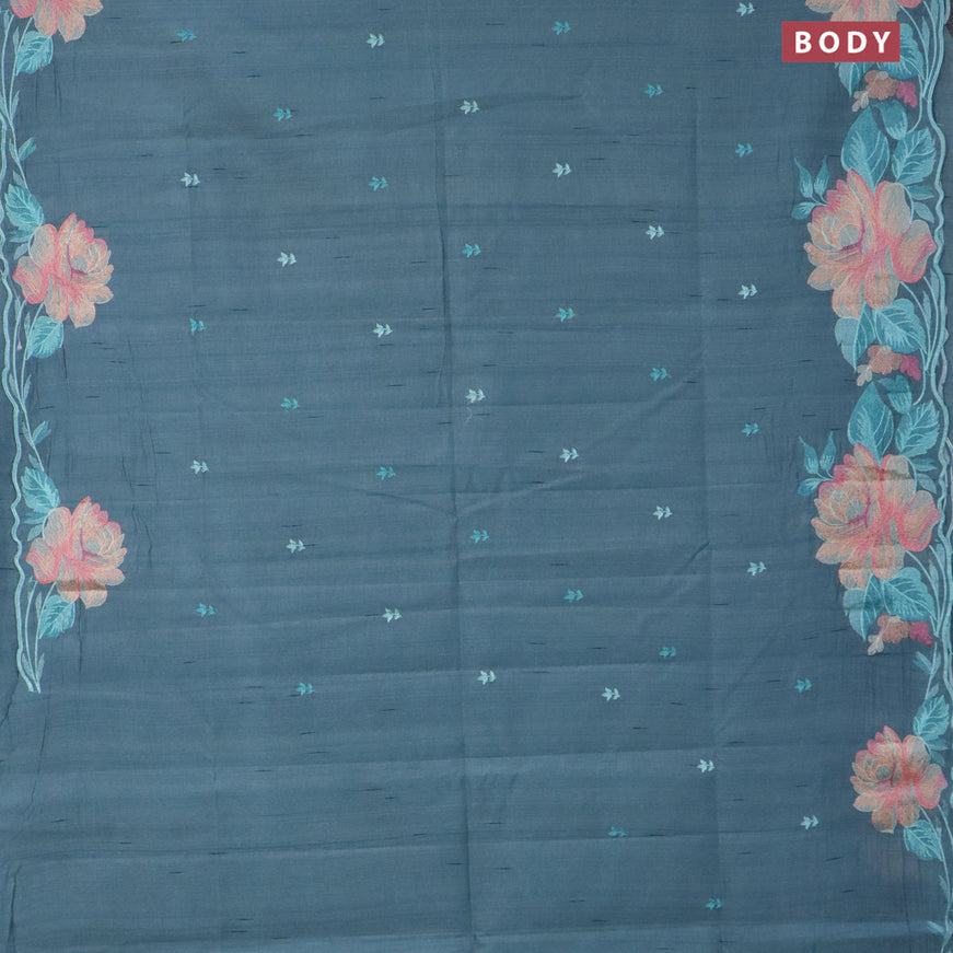 Semi raw silk saree pastel blue with embroidery work buttas and floral design embroidery work butta border