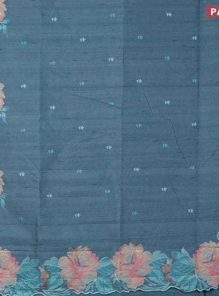 Semi raw silk saree pastel blue with embroidery work buttas and floral design embroidery work butta border