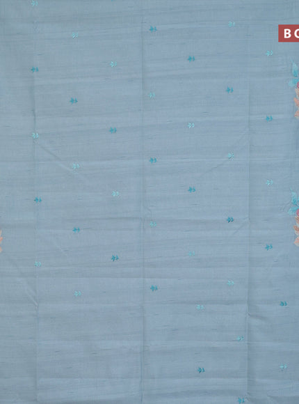 Semi raw silk saree teal blue shade with embroidery work buttas and floral design embroidery work butta border