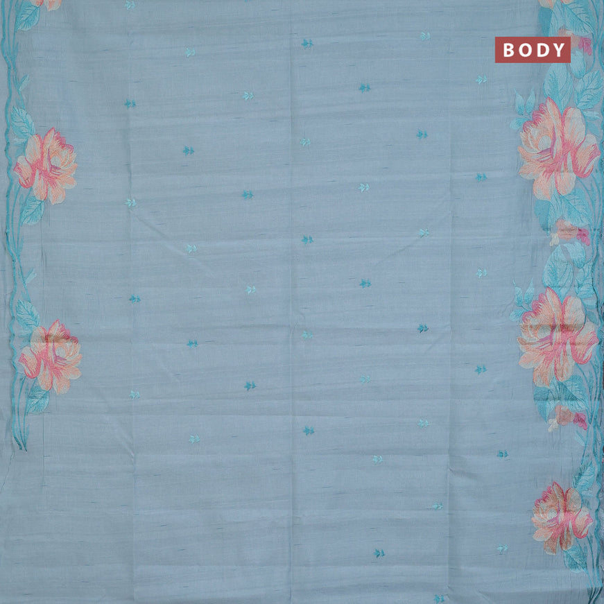 Semi raw silk saree teal blue shade with embroidery work buttas and floral design embroidery work butta border