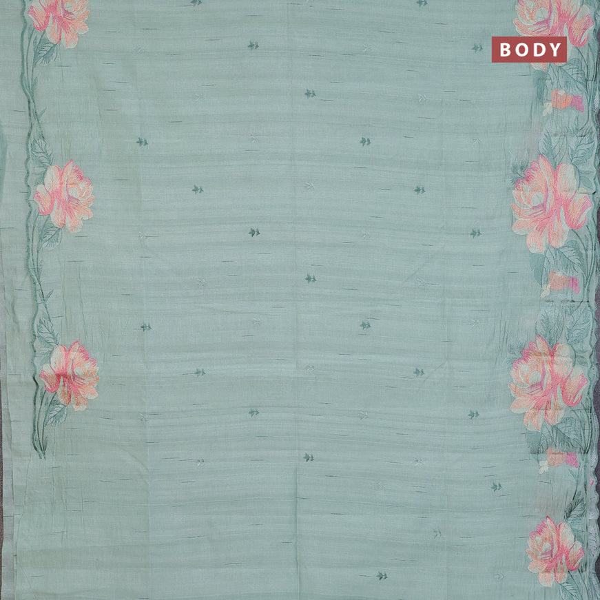 Semi raw silk saree pastel green shade with embroidery work buttas and floral design embroidery work butta border