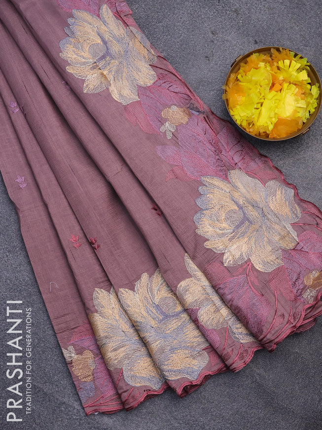 Semi raw silk saree rosey brown with embroidery work buttas and floral design embroidery work butta border