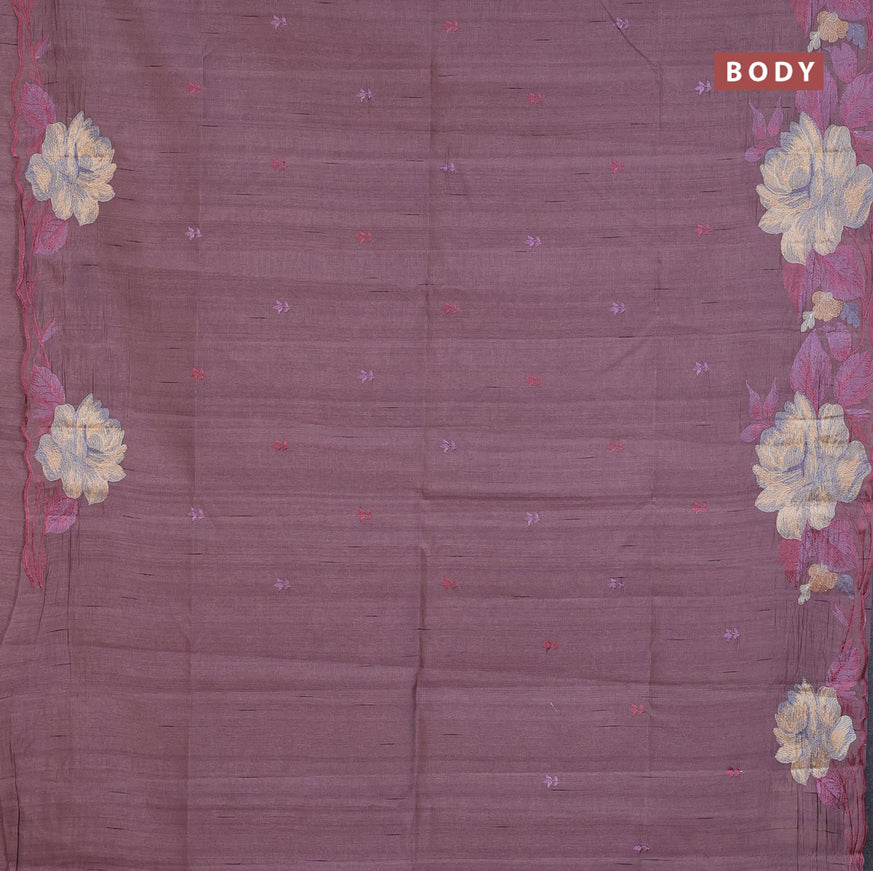 Semi raw silk saree rosey brown with embroidery work buttas and floral design embroidery work butta border