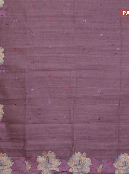 Semi raw silk saree rosey brown with embroidery work buttas and floral design embroidery work butta border