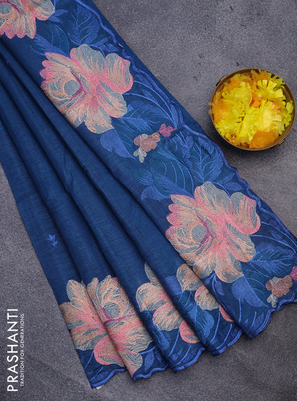 Semi raw silk saree peacock blue with embroidery work buttas and floral design embroidery work butta border