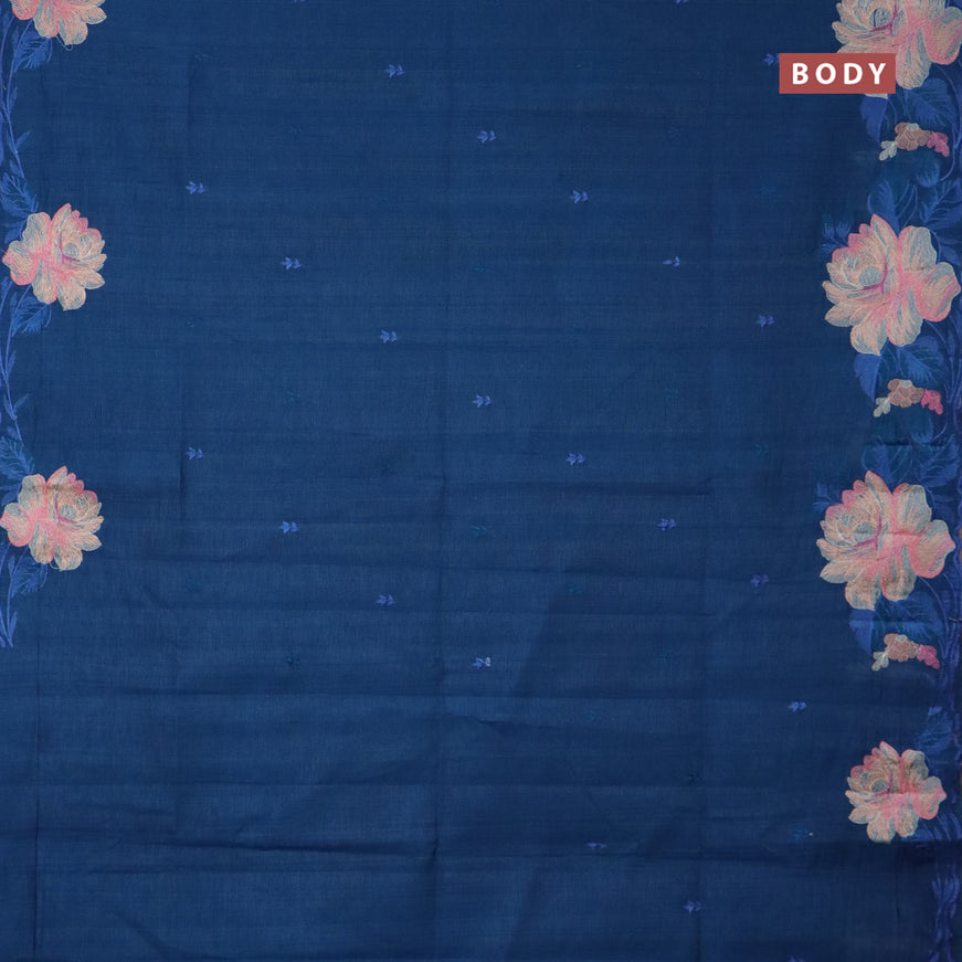 Semi raw silk saree peacock blue with embroidery work buttas and floral design embroidery work butta border