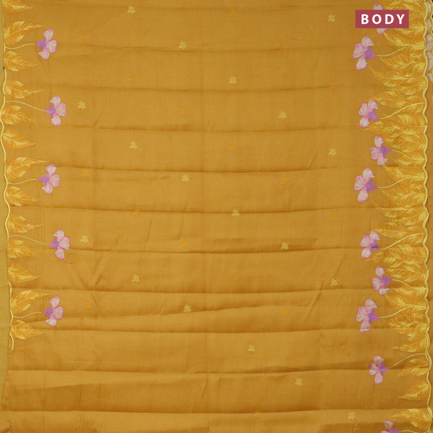 Semi raw silk saree mustard yellow with embroidery work buttas and floral design embroidery work border