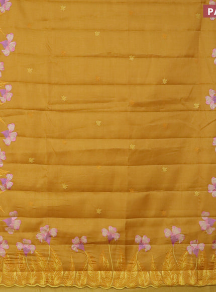 Semi raw silk saree mustard yellow with embroidery work buttas and floral design embroidery work border