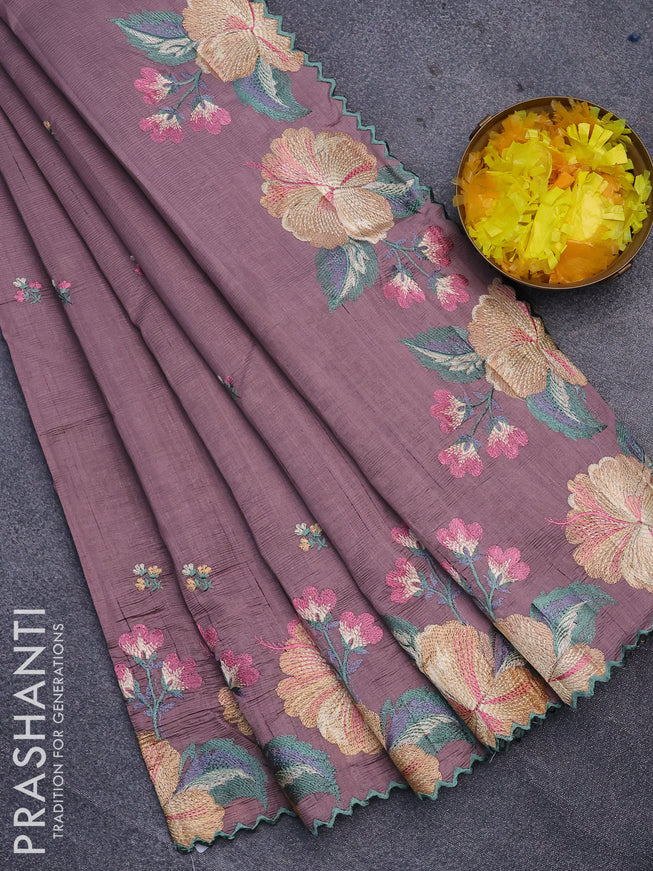 Semi raw silk saree rosy brown with embroidery work buttas and floral design embroidery work border