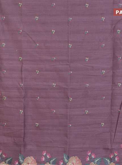 Semi raw silk saree rosy brown with embroidery work buttas and floral design embroidery work border