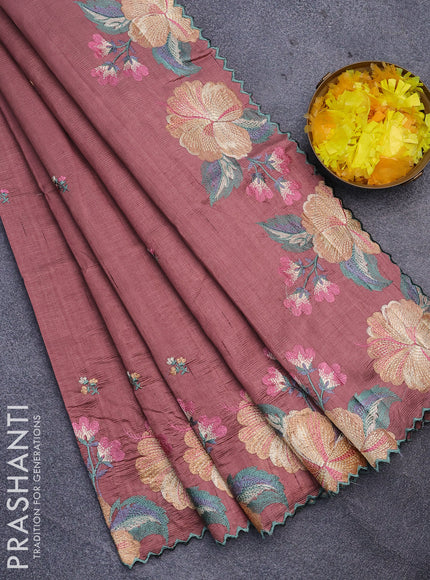 Semi raw silk saree pastel brown with embroidery work buttas and floral design embroidery work border