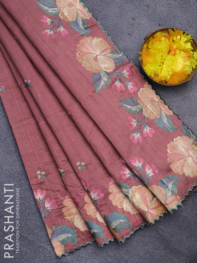 Semi raw silk saree pastel brown with embroidery work buttas and floral design embroidery work border