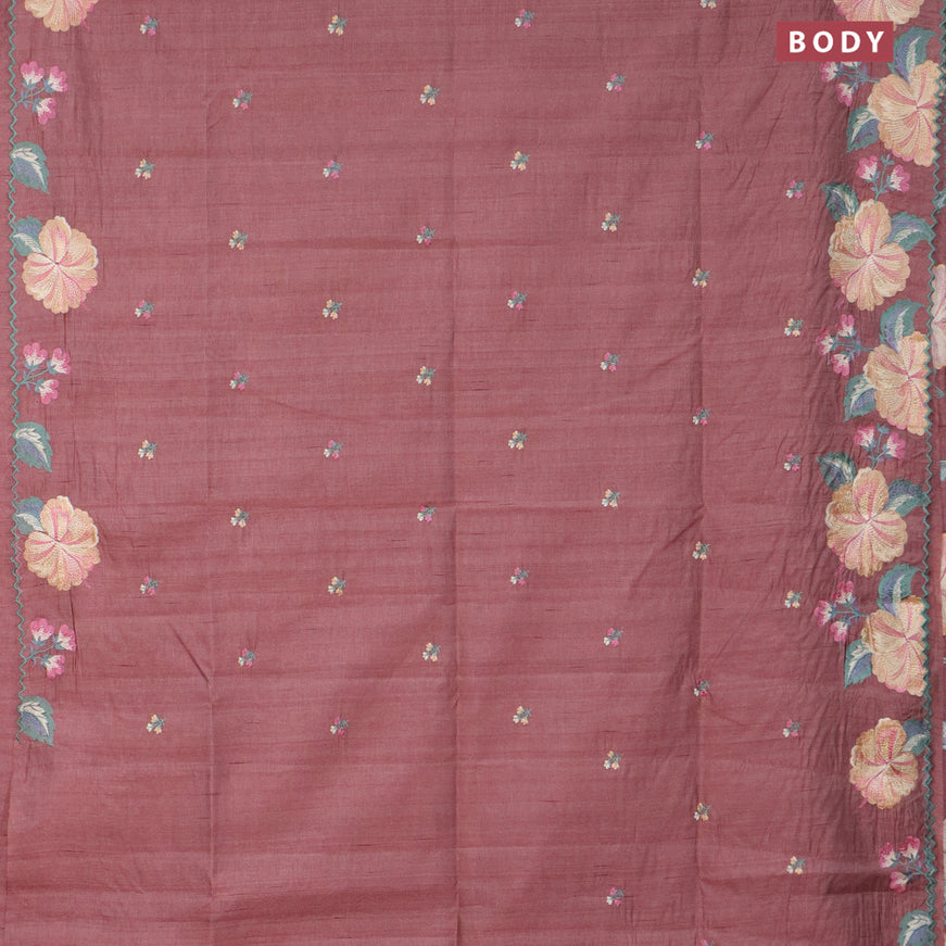 Semi raw silk saree pastel brown with embroidery work buttas and floral design embroidery work border