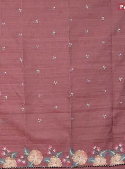 Semi raw silk saree pastel brown with embroidery work buttas and floral design embroidery work border