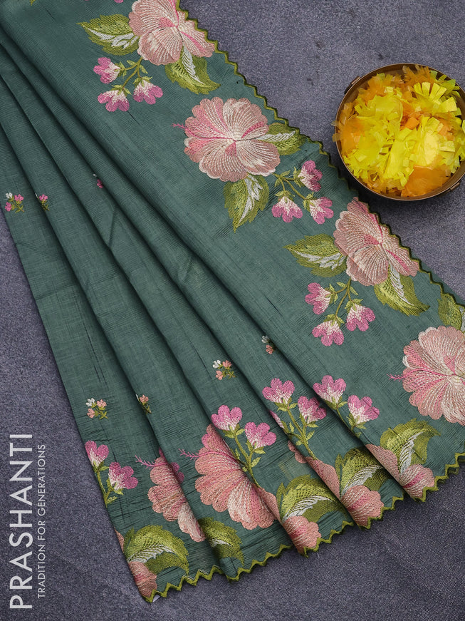 Semi raw silk saree pastel green shade with embroidery work buttas and floral design embroidery work border