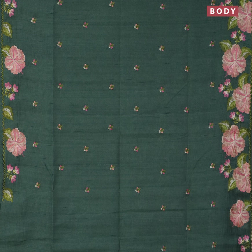 Semi raw silk saree pastel green shade with embroidery work buttas and floral design embroidery work border