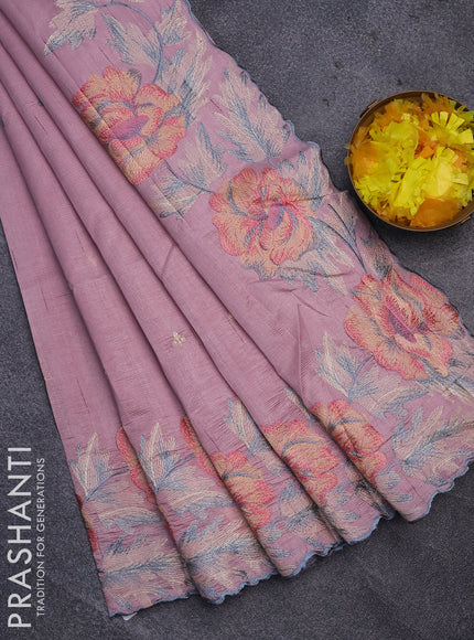 Semi raw silk saree peach pink with embroidery work buttas and floral design embroidery work border