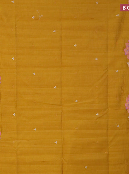 Semi raw silk saree mustard yellow with embroidery work buttas and floral design embroidery work border