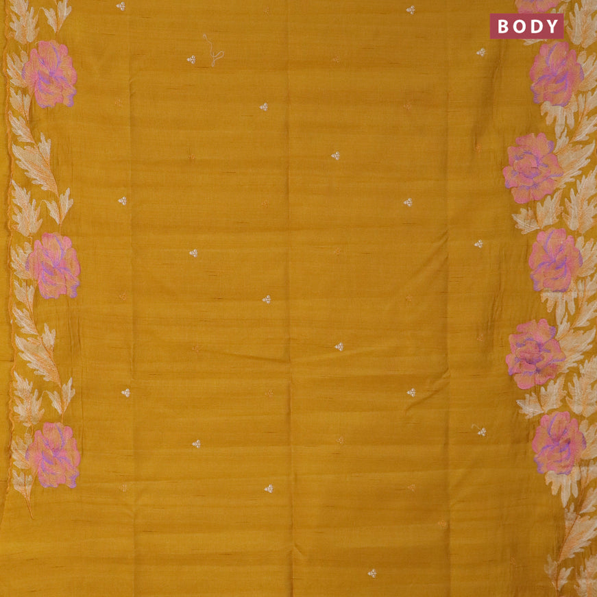 Semi raw silk saree mustard yellow with embroidery work buttas and floral design embroidery work border