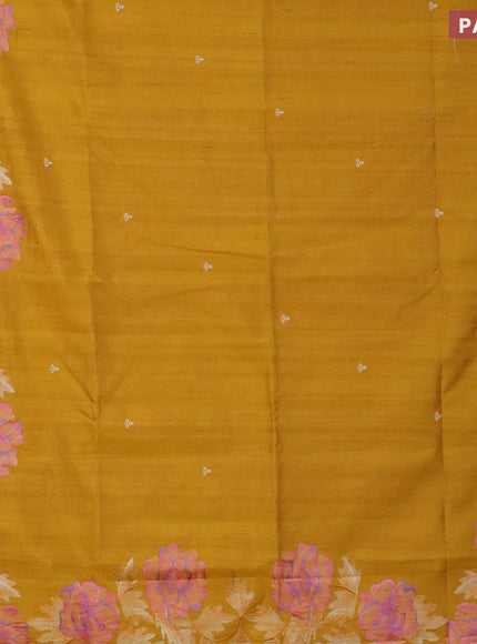 Semi raw silk saree mustard yellow with embroidery work buttas and floral design embroidery work border