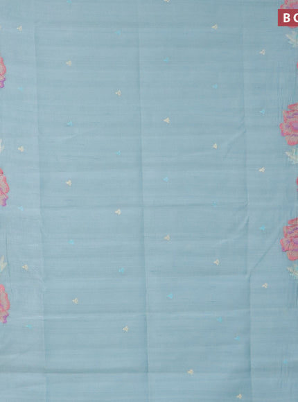 Semi raw silk saree teal blue with embroidery work buttas and floral design embroidery work border