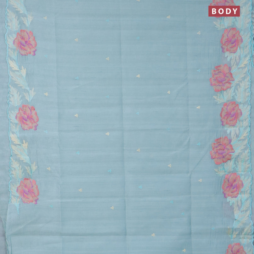 Semi raw silk saree teal blue with embroidery work buttas and floral design embroidery work border