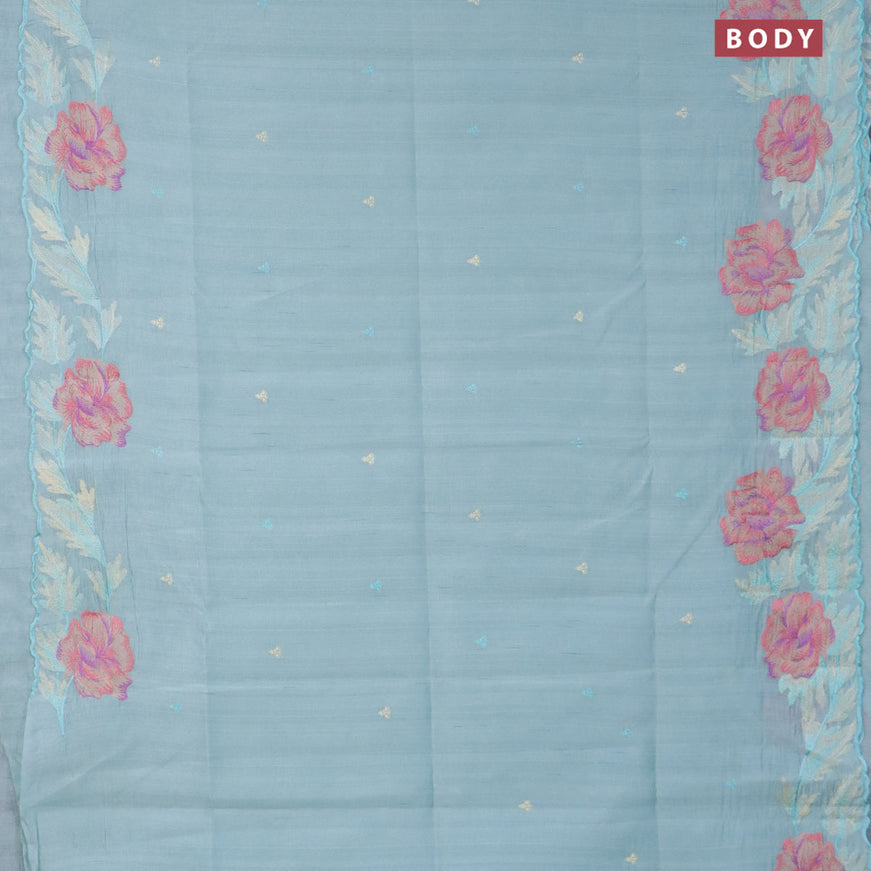 Semi raw silk saree teal blue with embroidery work buttas and floral design embroidery work border