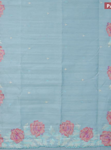 Semi raw silk saree teal blue with embroidery work buttas and floral design embroidery work border