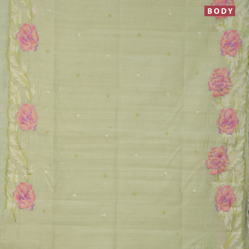 Semi raw silk saree pista green with embroidery work buttas and floral design embroidery work border