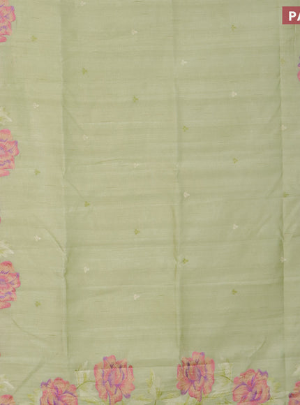 Semi raw silk saree pista green with embroidery work buttas and floral design embroidery work border