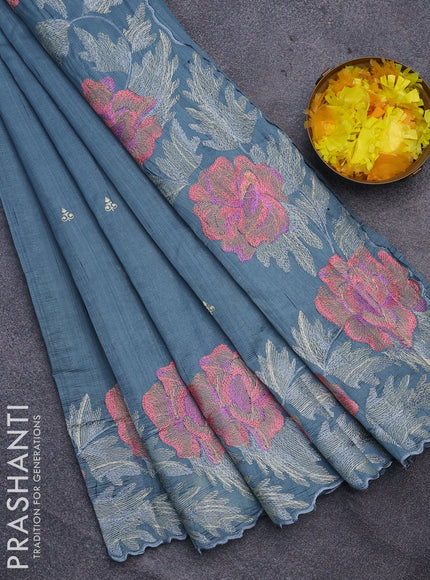 Semi raw silk saree pastel blue shade with embroidery work buttas and floral design embroidery work border