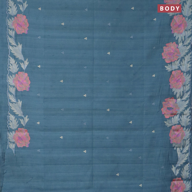 Semi raw silk saree pastel blue shade with embroidery work buttas and floral design embroidery work border